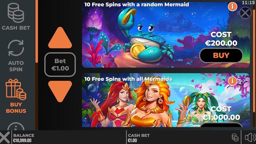 A screen offering 10 Free Spins with a random Mermaid for 200X the bet or 10 Free Spins with all Mermaids for 1,000X the bet. 