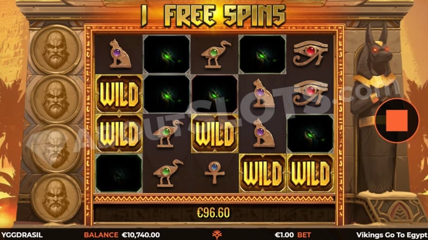 Free Spins bonus game with five wild symbols on the reels.