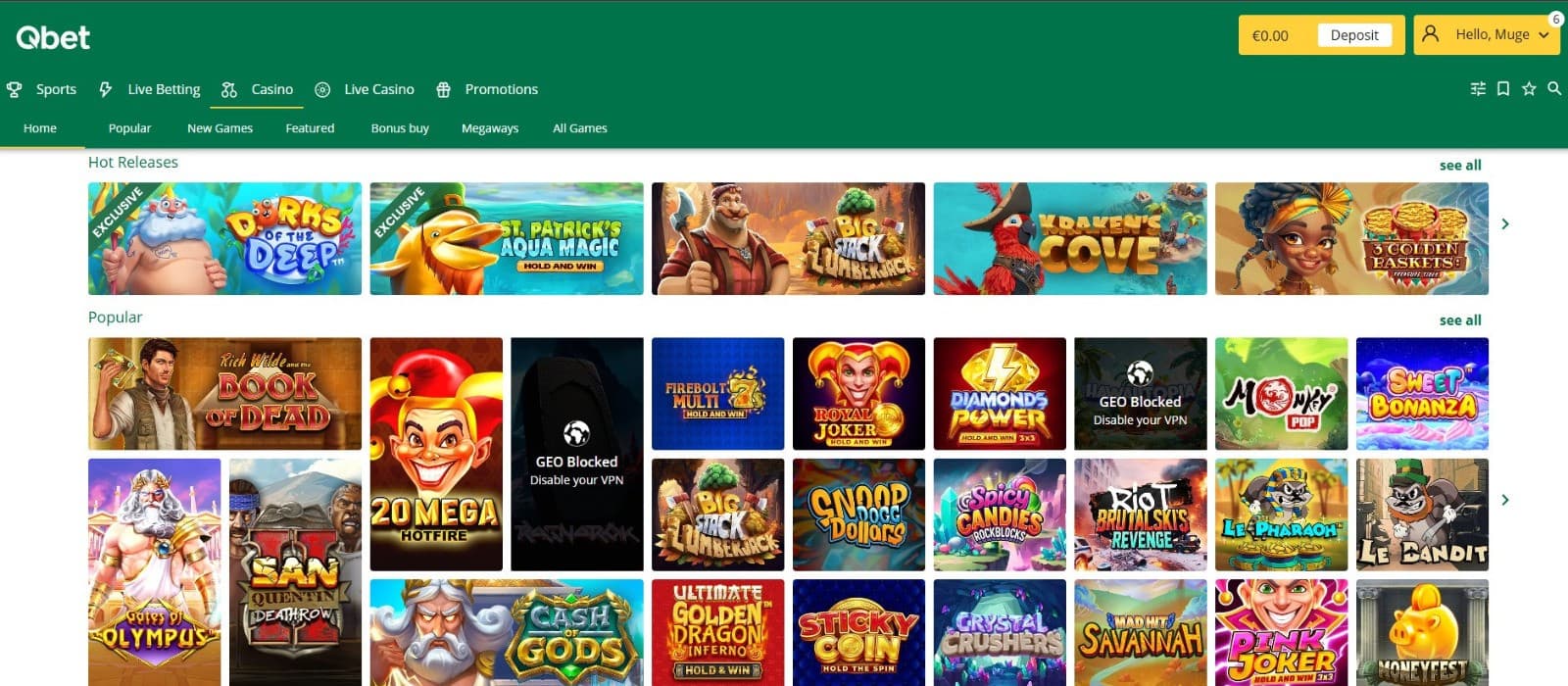  The games section of Qbet Casino presents a rich selection of slot games, such as Book of Dead, Gates of Olympus, and more.