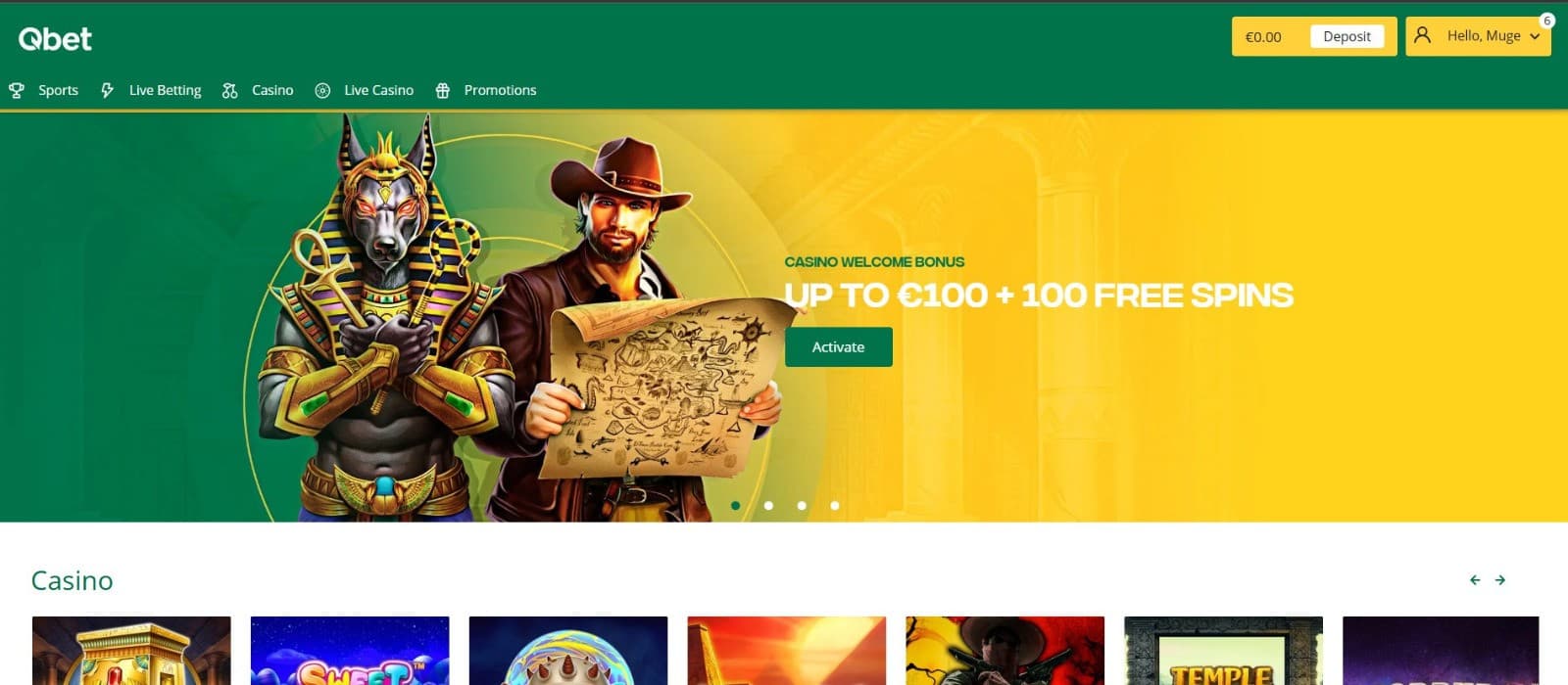 The landing page of Qbet Casino showcases the welcome bonus up to 100 euros and 100 free spins.