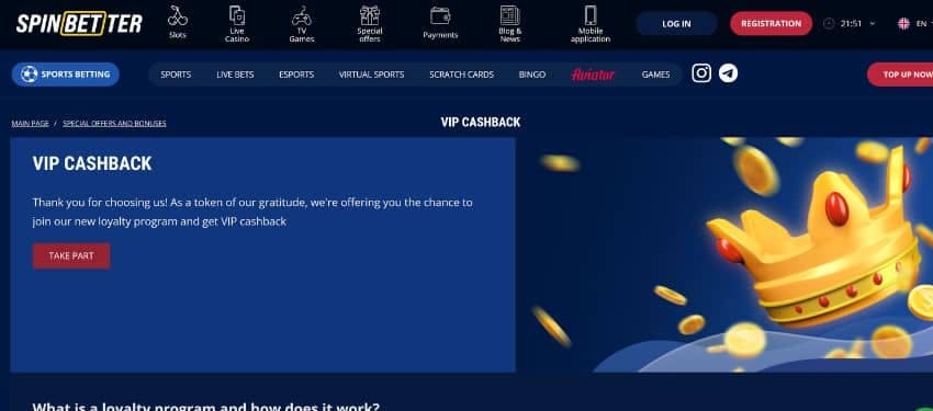 Spinbetter Casino loyalty page with VIP cashback information and a golden crown in the background.