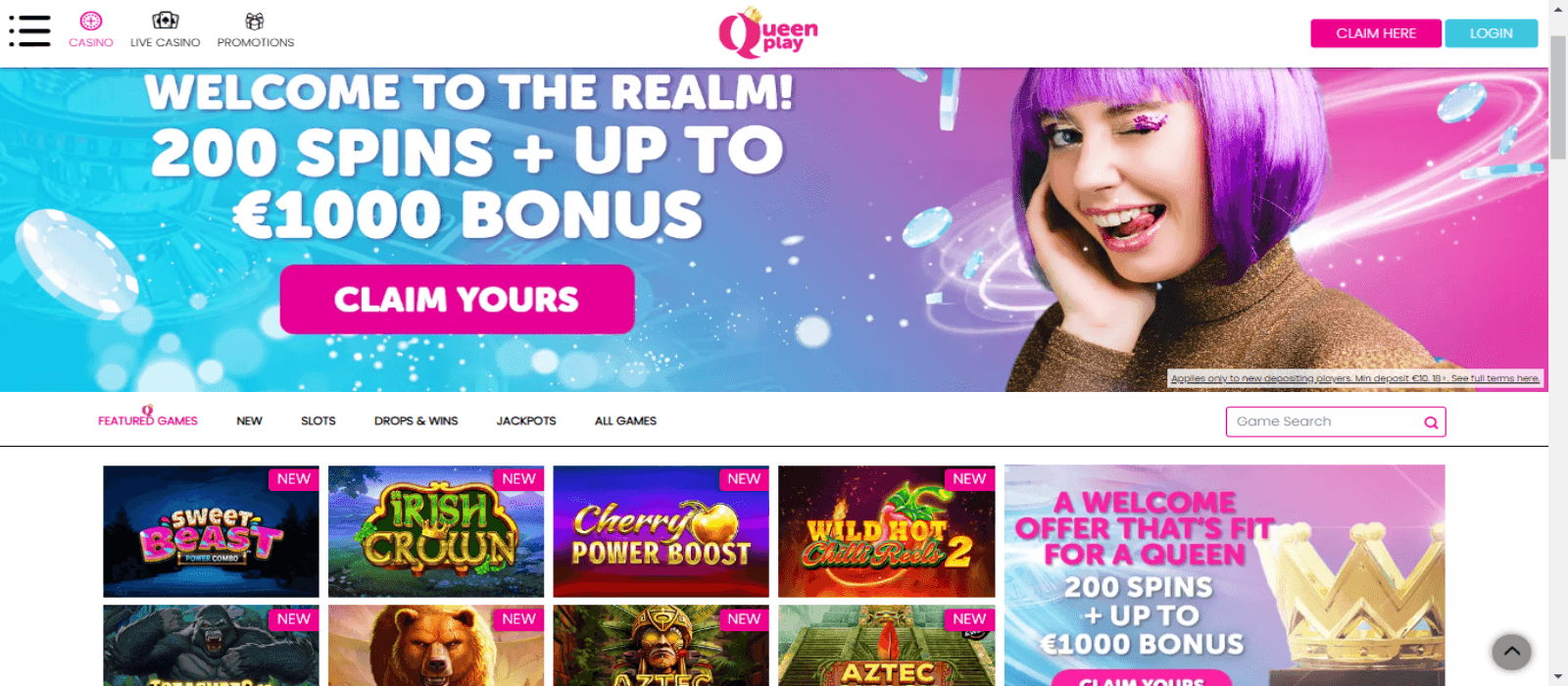 Queen Play Casino homepage with colorful banner describing the welcome bonus