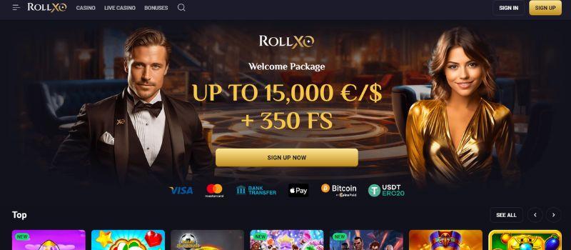 RollXO casino's login and sign up page with the welcome package image displaying.