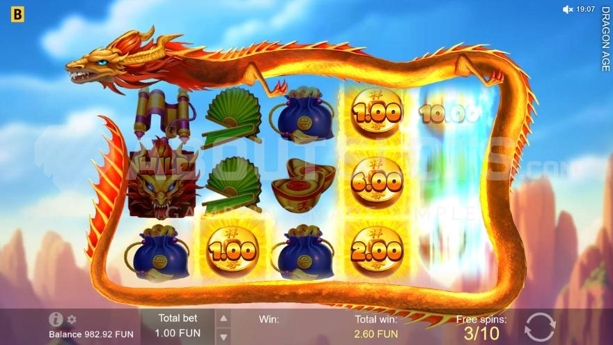 Free Spins bonus game with a dragon surrounding the reels.