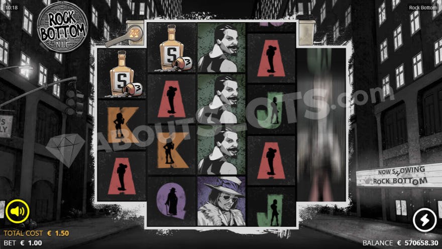 Base game of the slot Rock Bottom with black and white background.