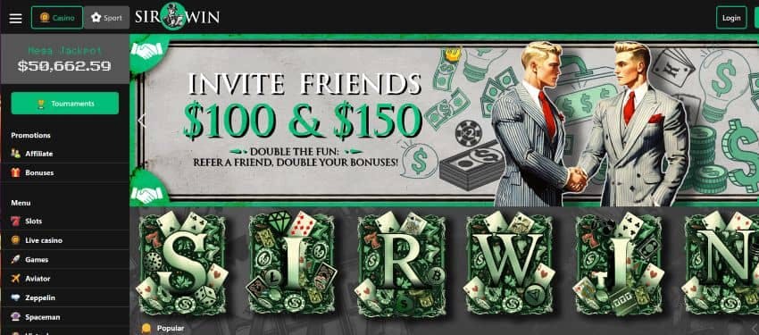 Sirwin casino homepage showing a large banner with invite friends offer and illustration of two men in suit shaking hands. 