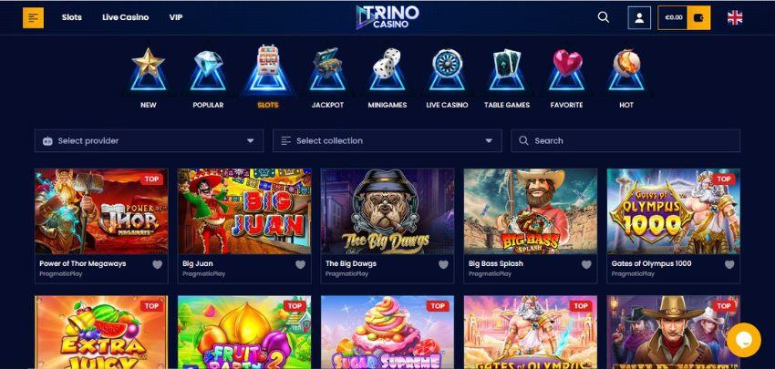 Trino Casino's slot category, showing titles, such as Gates of Olympus, Big Juan, and other games.