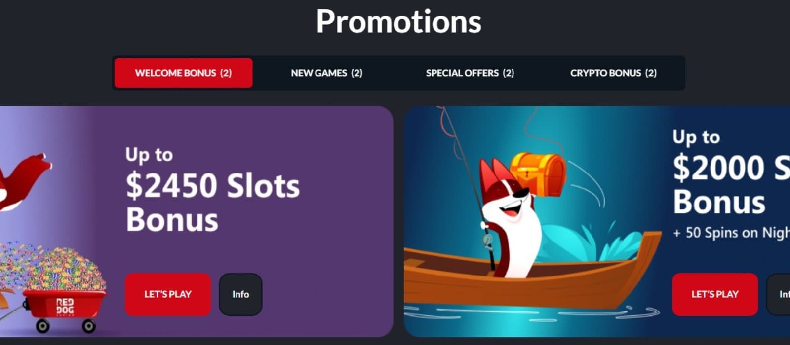 The promotions page of RedDog Casino displays the bonuses, such as 2450 dollars of slots bonus and more.