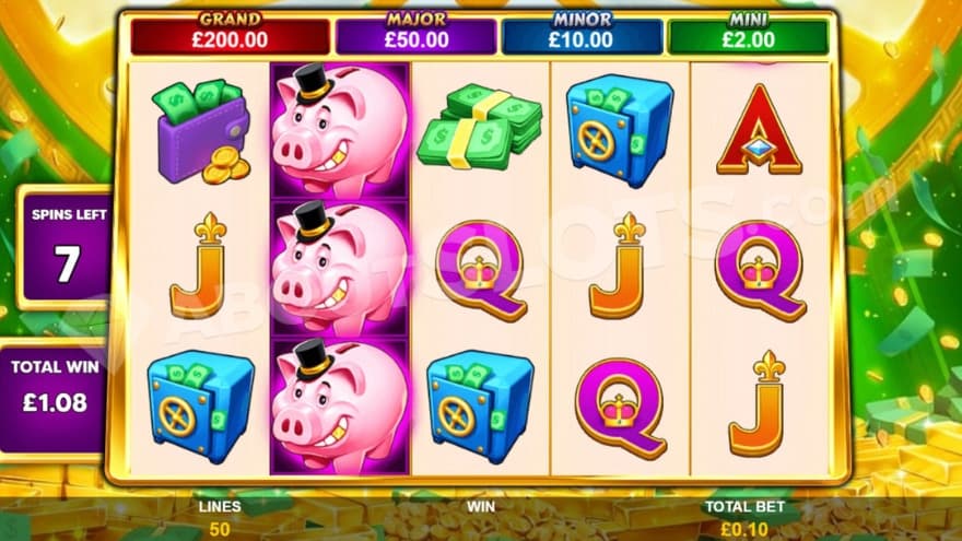 Free Games feature with stacked pig symbols on the second reel.