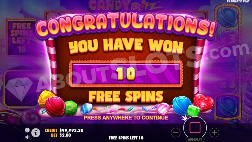 A intro screen saying: "Congratulations, you have won 10 Free Spins."