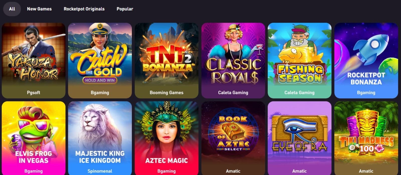 The games page of RocketPot Casino showcases a range of games from reputable providers, such as Yakuza Honor, Catch the Gold, and more.