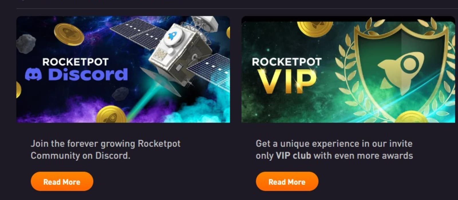 The promotions page of RocketPot Casino displays the RocketPot discord and the VIP bonus.