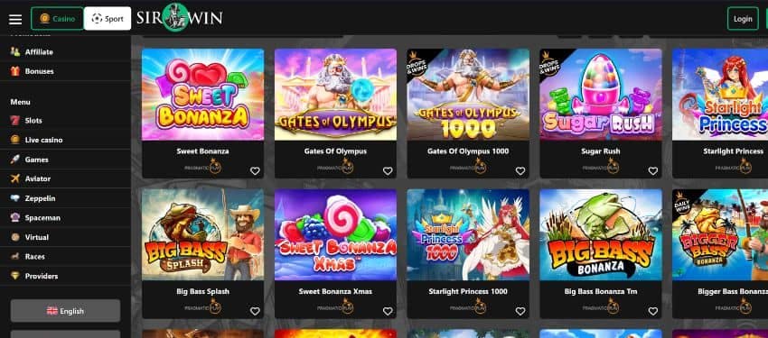 Sirwin casino slot games category showing thumbnail of sweet bonanza, big bass splash and other titles