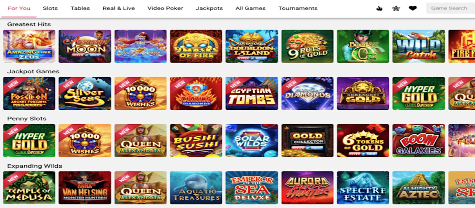 Ruby Fortune casino games page showing the colorful icons of various slot games and top navigational menus