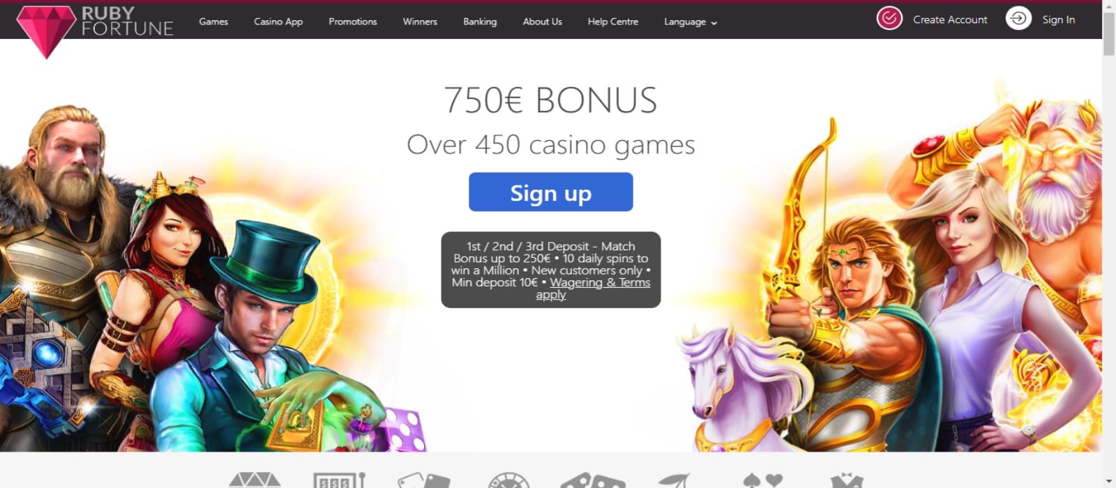 RubyFortune casino landing page with the welcome bonus offer banner and animated figures