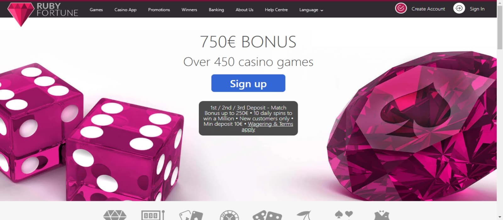 Ruby Fortune casino promotions page showing the welcome bonus banner and top navigational icons