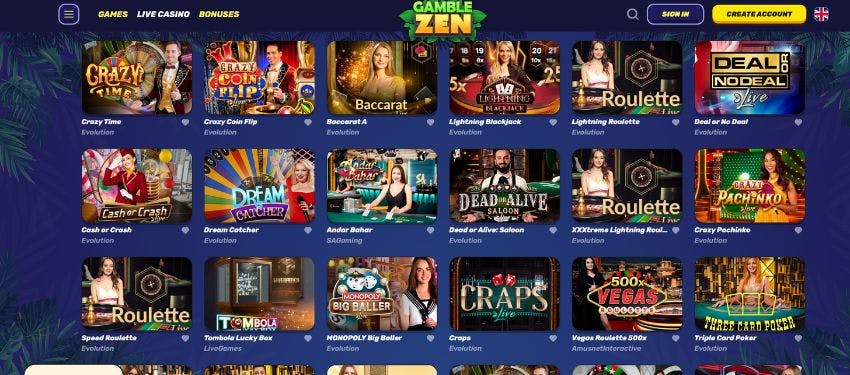 The live casino page at Gambizen Casino shows titles like crazy time, crazy coin flip, and Deal or No Deal.