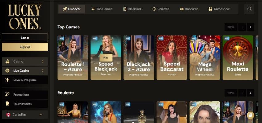 Lucky Ones Casino's live dealer section, showing variations of blackjack, baccarat, and roulette.