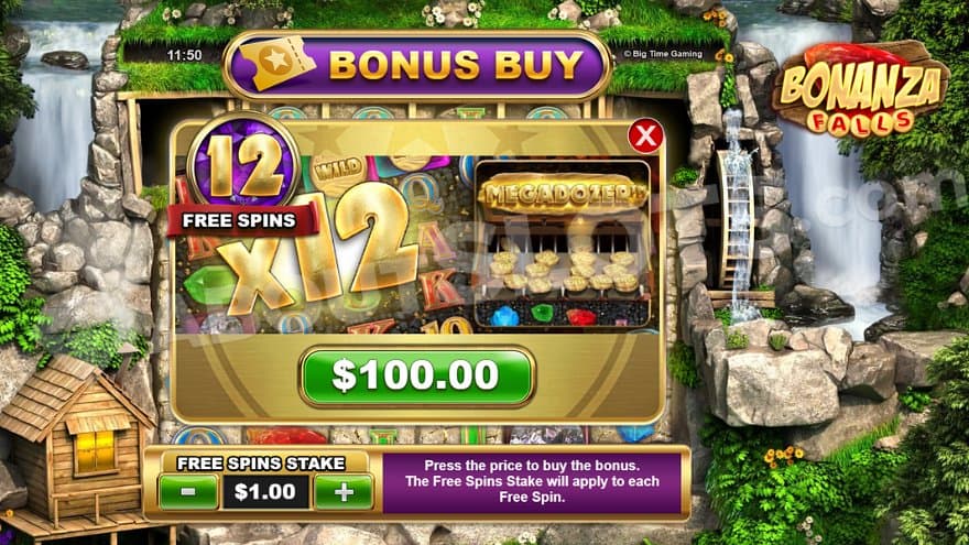 A menu offering the free spins for 100X the bet.