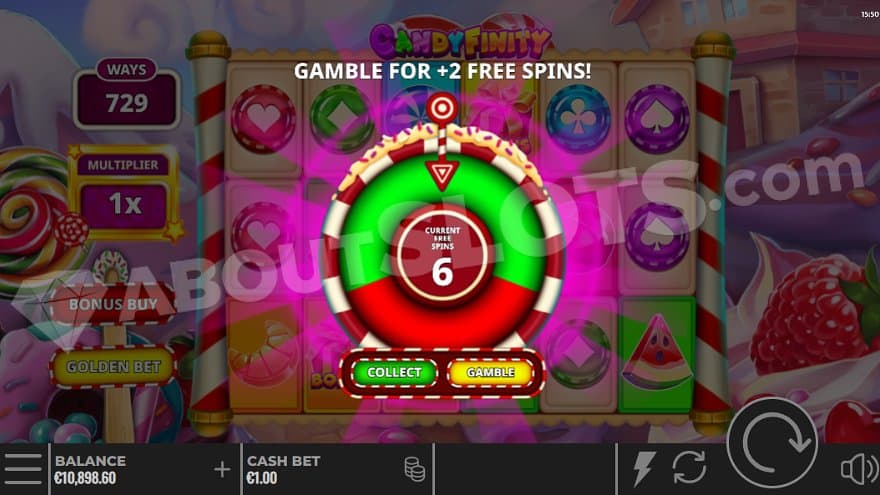 A gamble wheel where 6 free spins can be gamble for the chance to win 2 more.