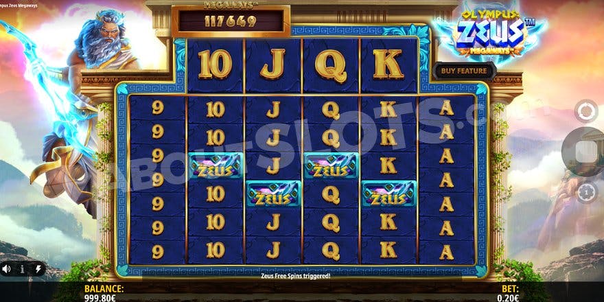 Four Zeus Scatter Symbols trigger the free spins.