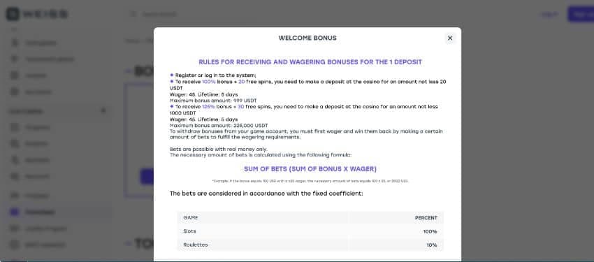 Weiss casino welcome bonus information page showing the rules and benefits of the reward