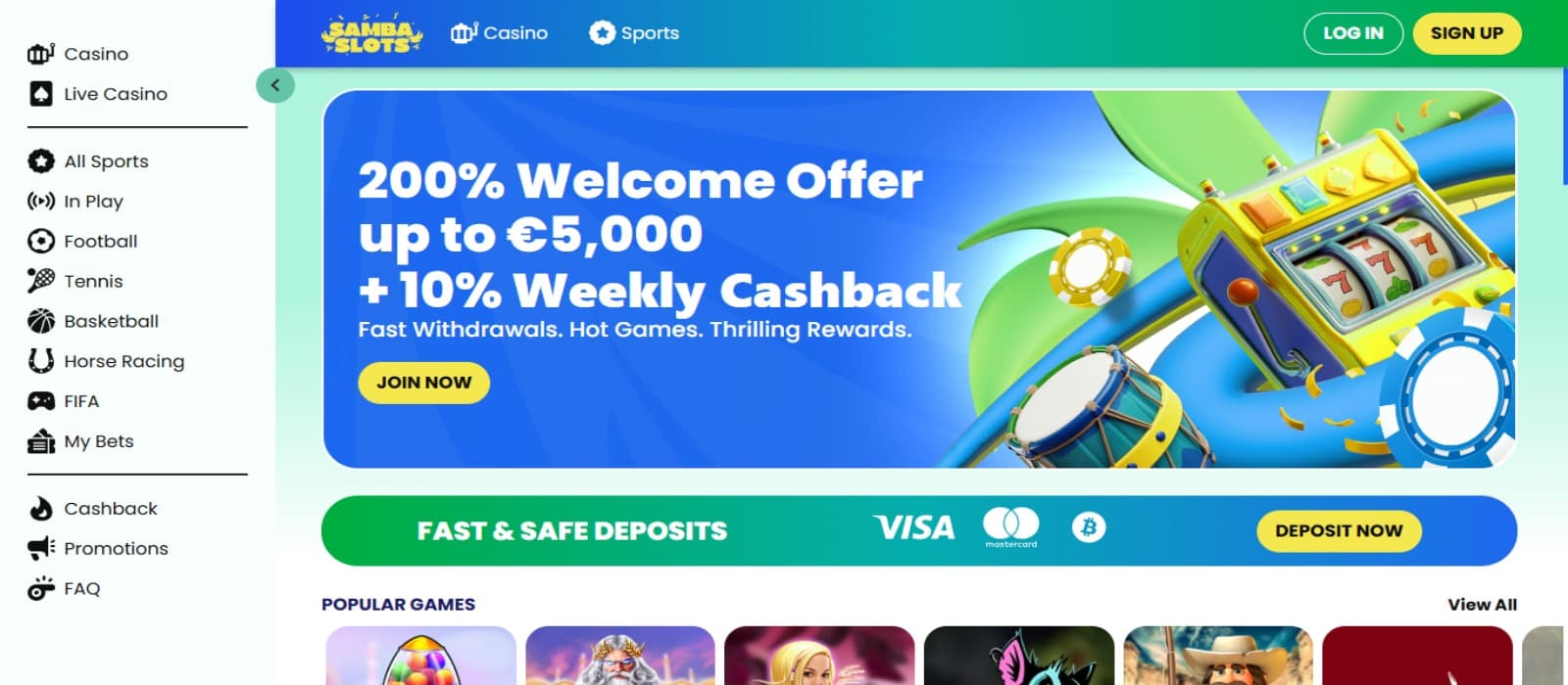 Sambaslots casino landing page showing the welcome bonus banner and slot game icons below