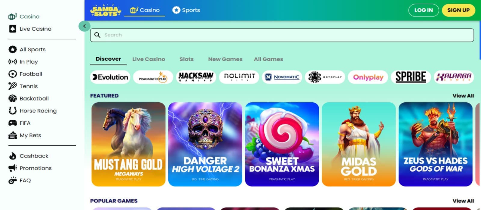 Sambaslots casino games page with the colorful slot game icons and names of game providers with the side navigational panel