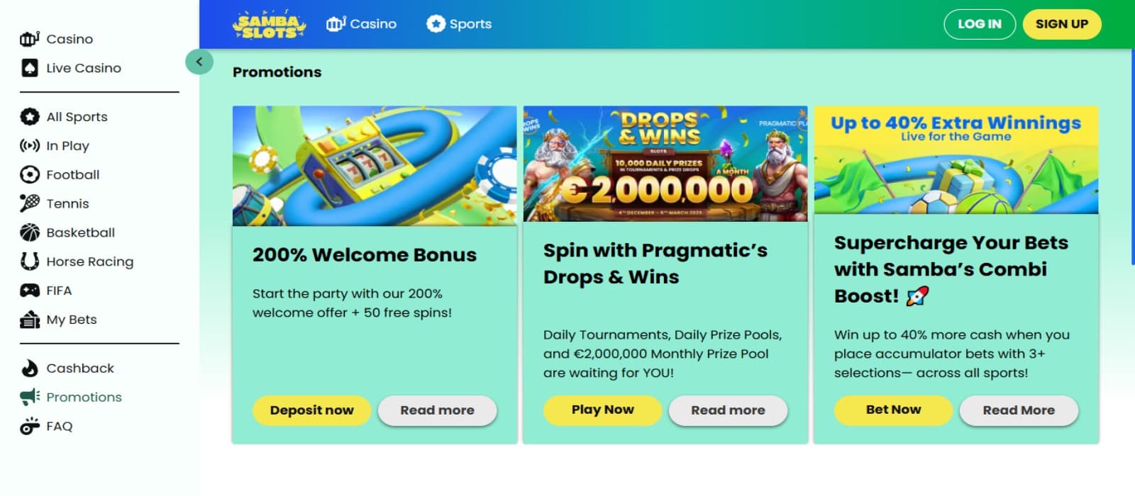 Sambaslots casino promotions page showing the colorful bonuses banners and side navigational panel