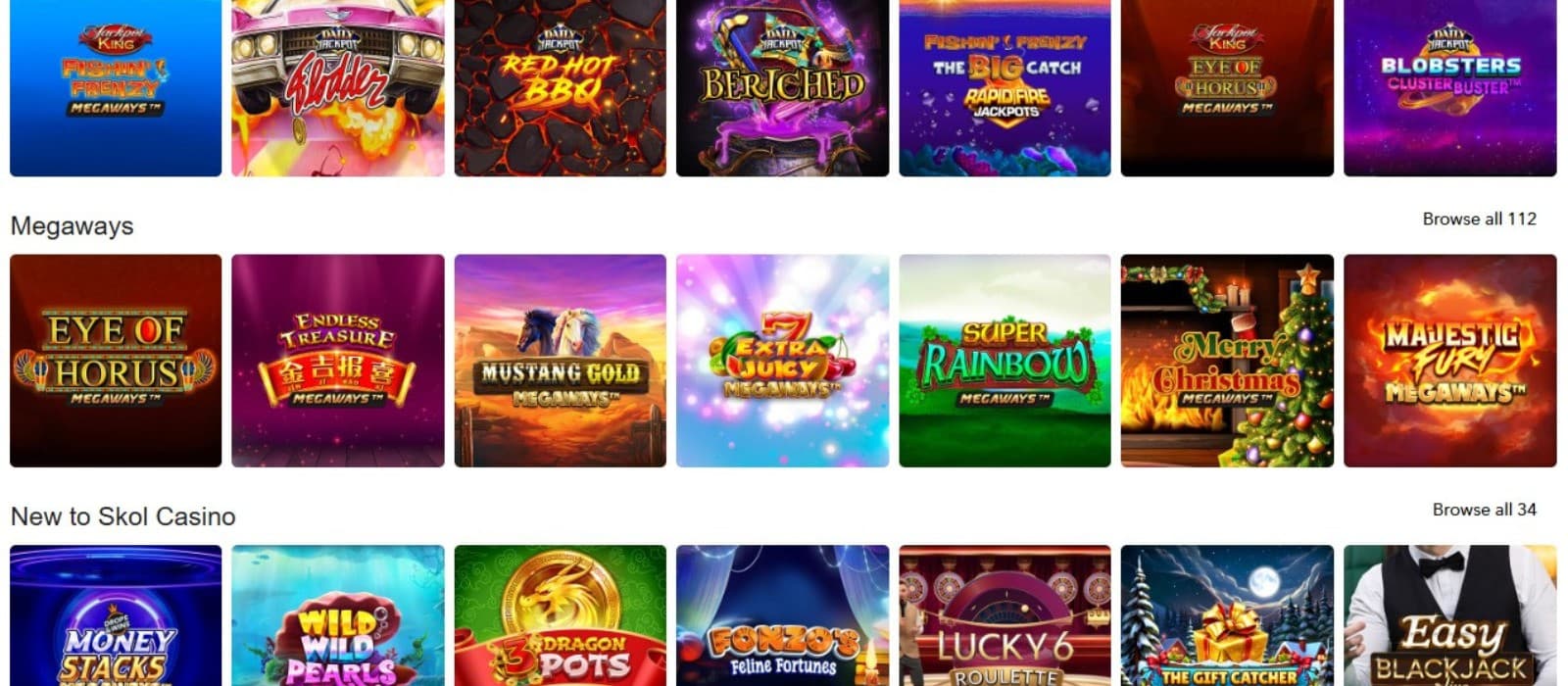 The games section of Skol Casino displays a wide selection of casino games, such as Red Hot BBQ, Eye of Horus, and more.