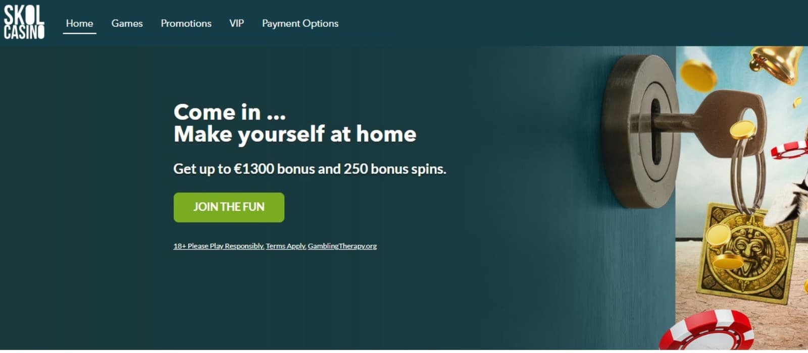 The landing page of Skol Casino presents the welcome bonus of 1300 euros and 250 bonus spins.