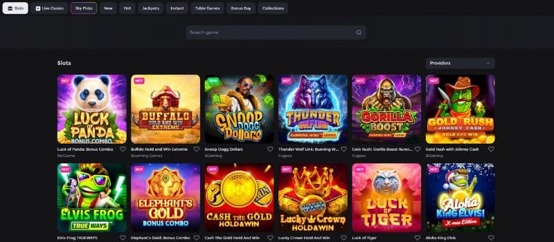  Skycrown Casino’s games section displays a range of famous slot titles, such as Luck Panda, Elvis Frog, and more.