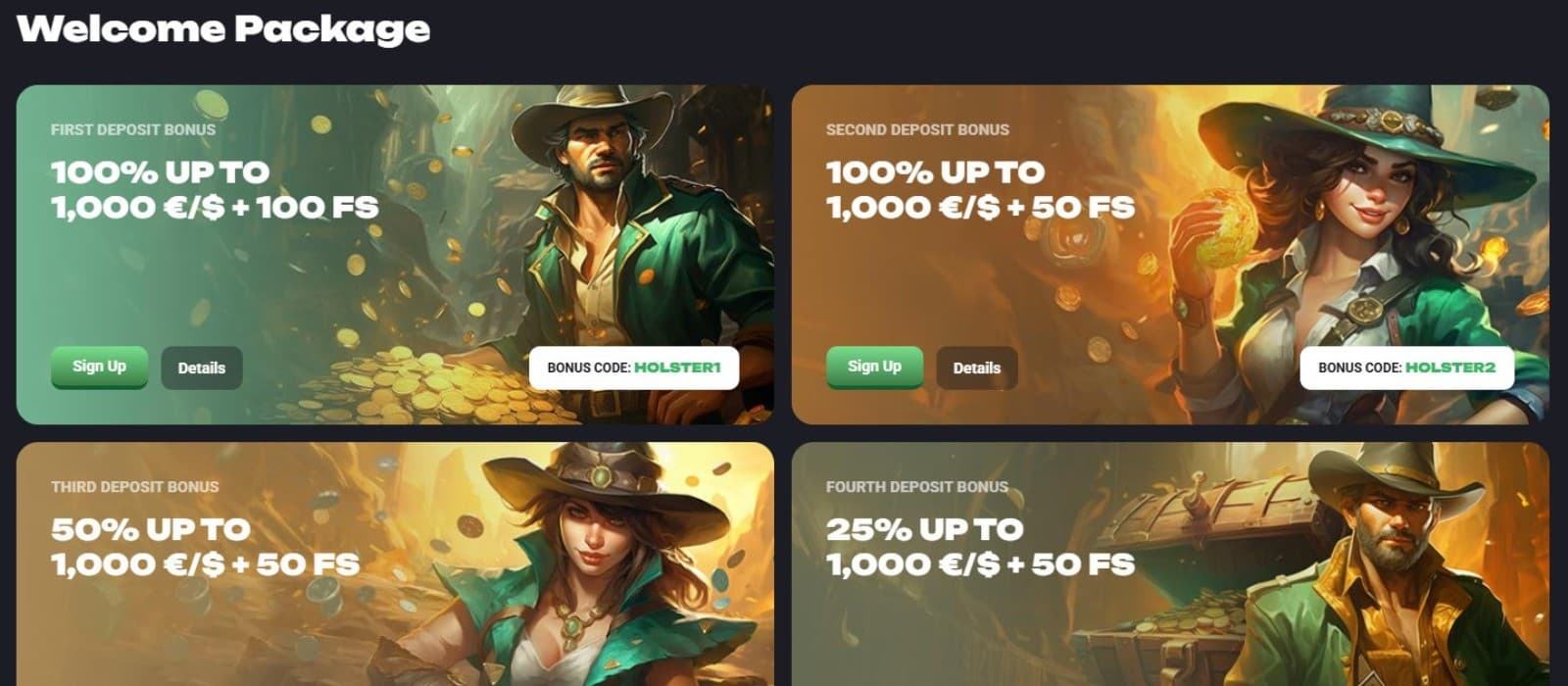 Slot Hunter Casino's promotions page, showing the first and second deposit bonuses.