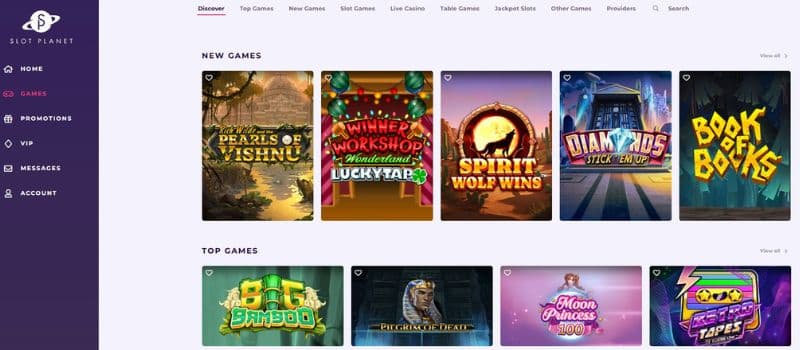 Slot Planet Casino's games page showcases a range of new and popular games, such as Pearls of Vishnu and Spirit Wolf Wins.