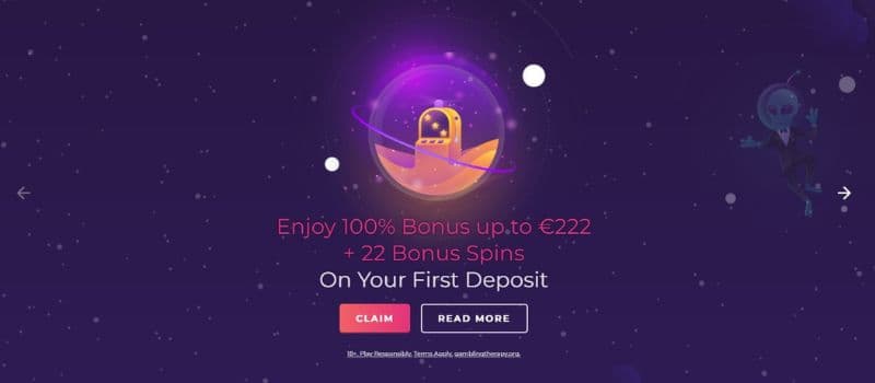 Slot Planet casino’s homepage describes the welcome offer, a 100% bonus of up to  €222 and 22 free spins on a space-themed background.