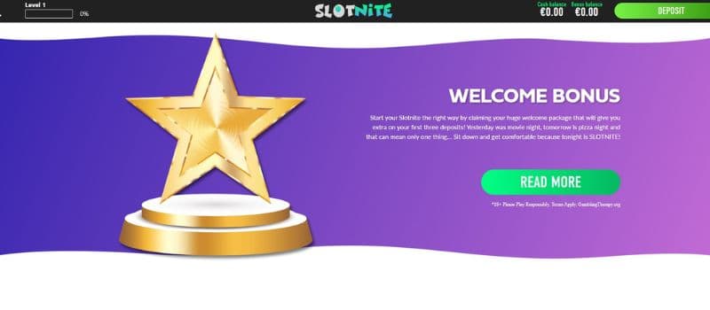 A purple banner describes the welcome bonus offered by Slotnite Casino next to a giant golden star. 