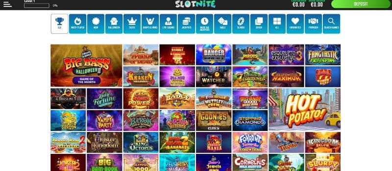 Slotnite Casino Games section featuring a diverse selection of slots, table games, and live dealer games, with options to filter by game provider and category.