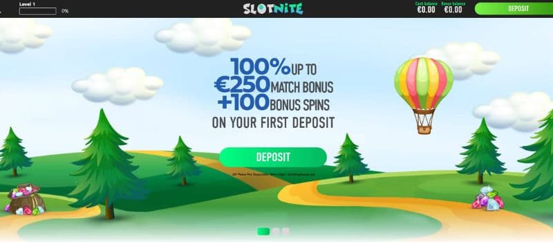 A banner featuring a valley full of trees and a hot air balloon showcases the welcome bonus of a 100% match bonus up to €250 and 100 bonus spins.