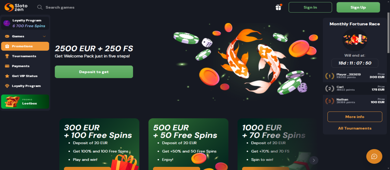 Slotozen casino promotions page showing the banners of detailed welcome bonus and other promotions with the side navigational panel and some fish animations