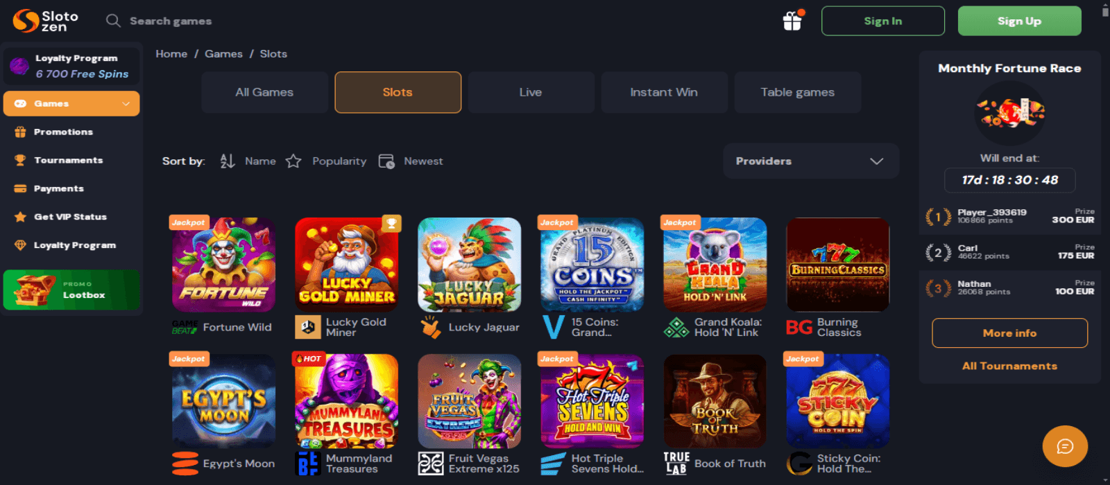 Slotozen casino games page illustrating various slot games with colorful game icons and side navigational panel with black background