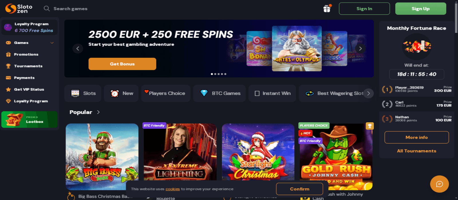 Slotozen casino landing page showing the colorful banners of various slot games and welcome bonus offer banner at the top