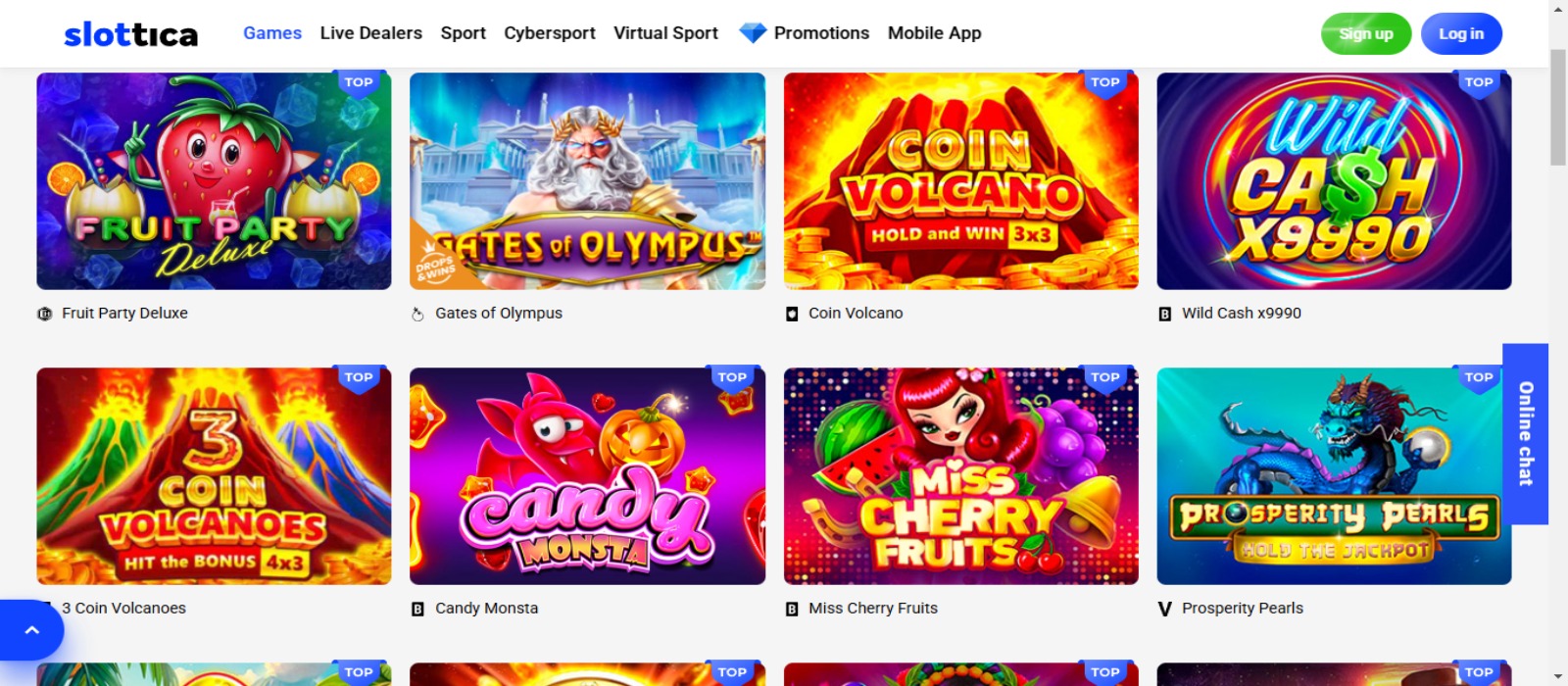 Slottica casino games page with the colorful slot game icons and top navigational menus