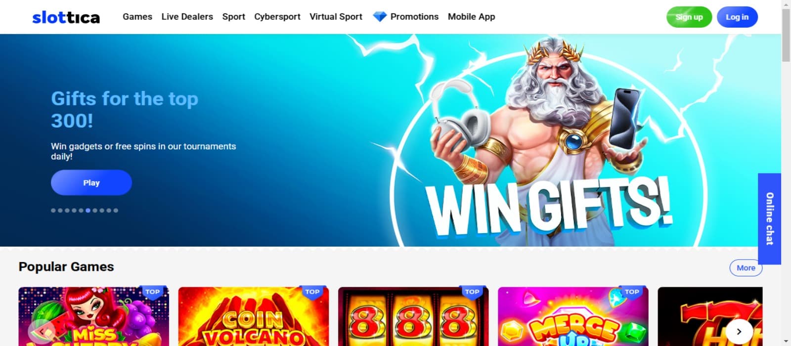 Slottica casino landing page with the tournament gift banner and slot game icons below.