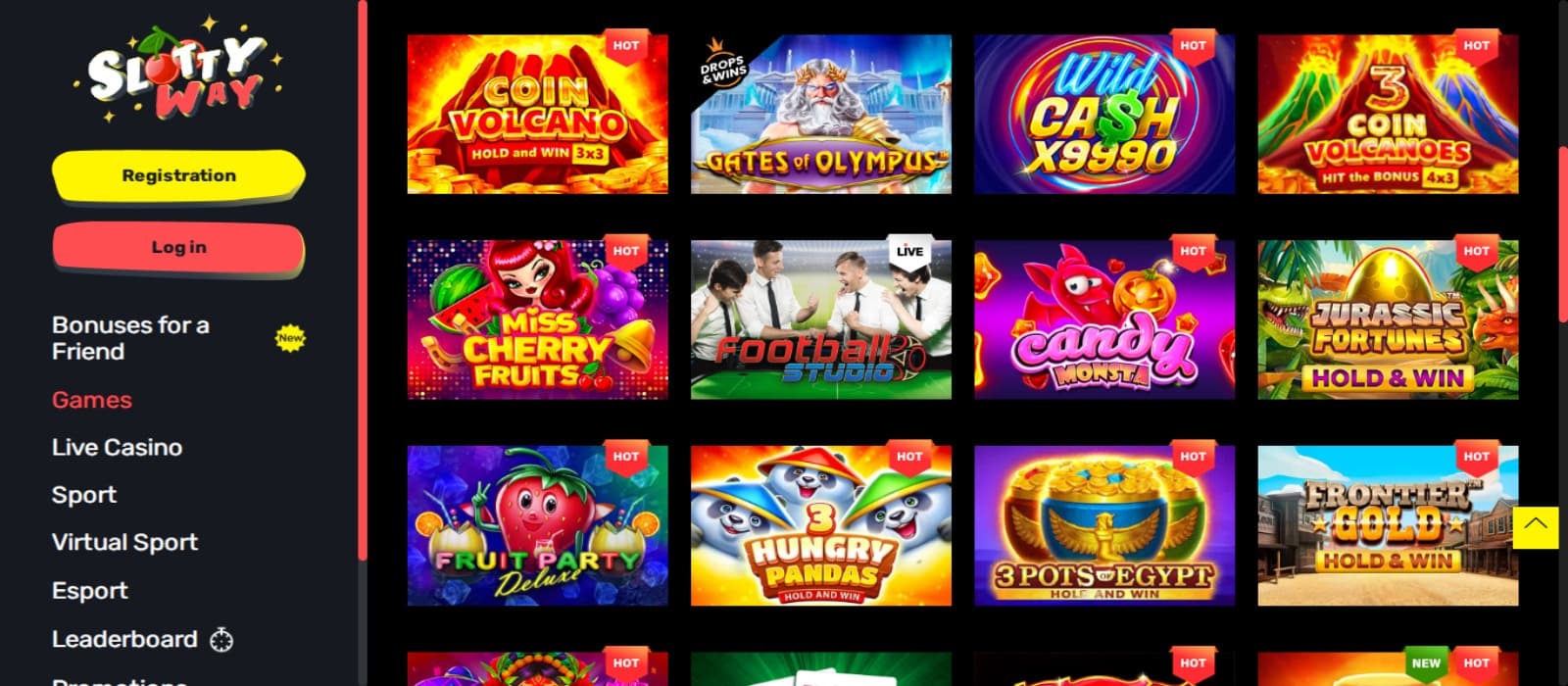 SlottyWay Casino games page showing the colorful slot game icons and side navigational menu