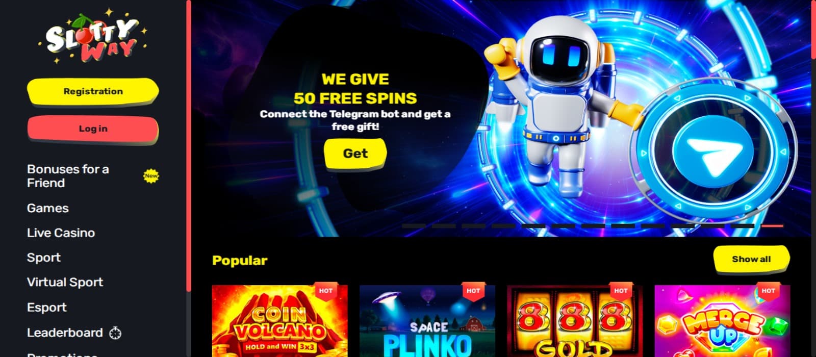 Slottyway casino landing page with the free spins banner and popular slot game icons and side navigational panel