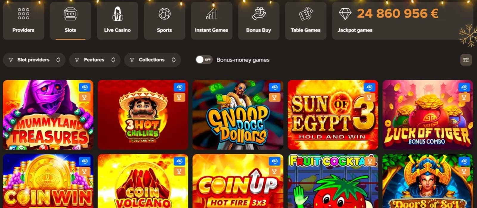 The games page of SolCasino showcases a range of slot games, such as Mummyland Treasures, 3 Hot Chilies, and more.