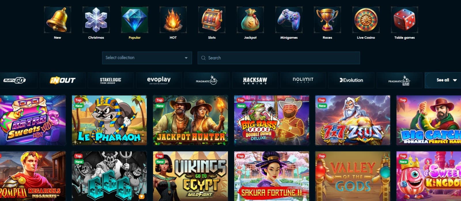 The games page of Spellwin Casino showcases a wide variety of slot games, such as Retro Sweets, Le Pharaoh, and more.