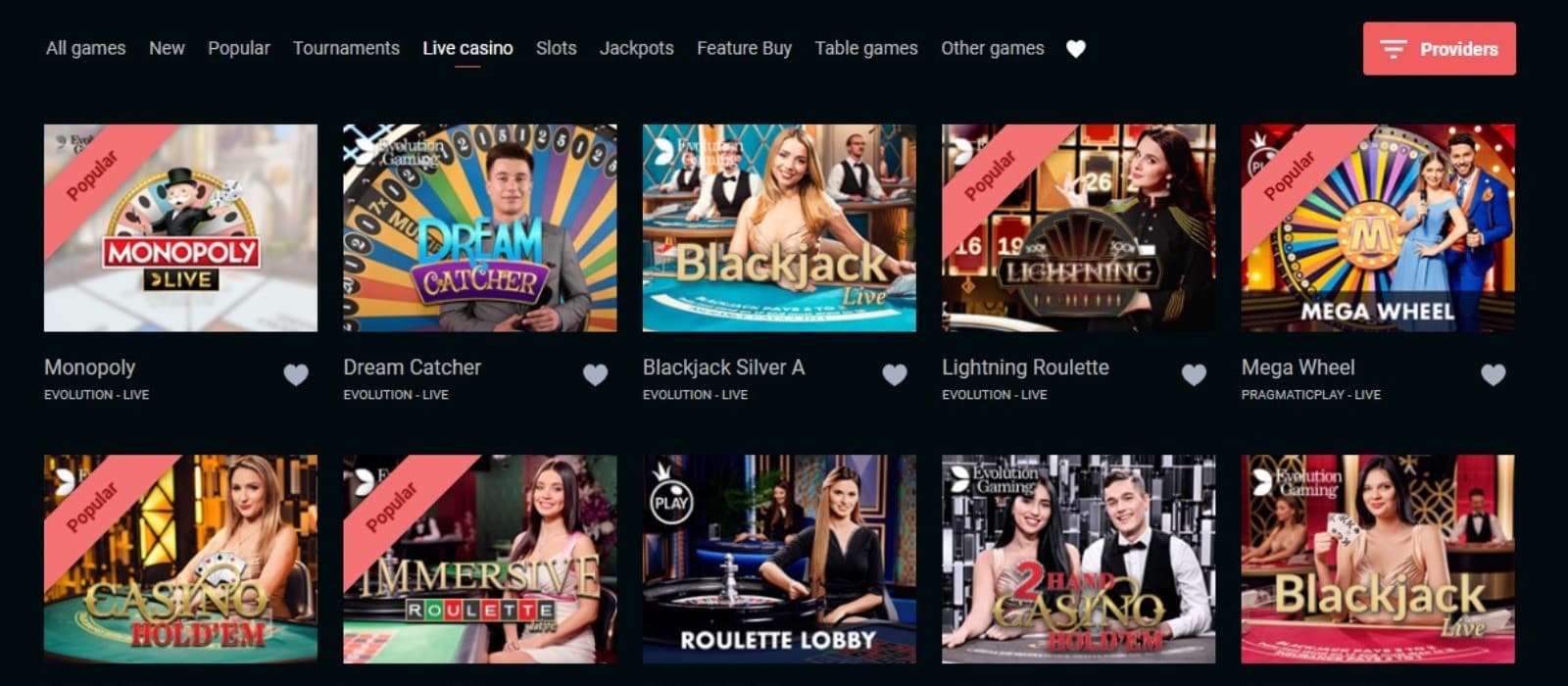 Stakes Casino's live casino category, showing variations of roulette, blackjack and other games.