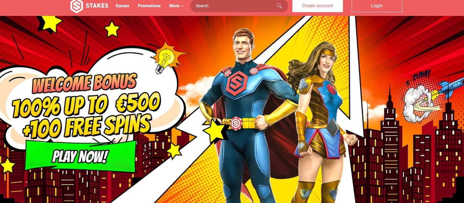 Stakes Casino's homepage, showing the welcome bonus banner and superhero game avatars.