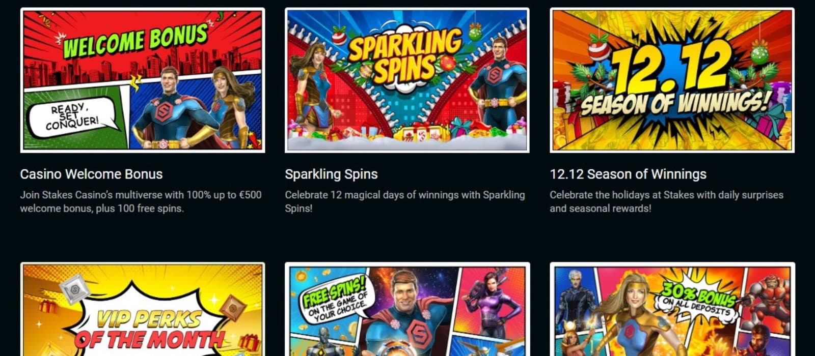 Stakes Casino's promotions page, showing Christmas season tournaments alongside the welcome bonus.